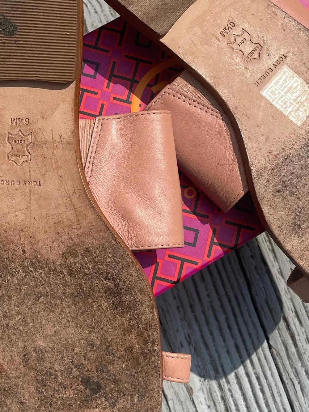 Tory Burch Peach Leather Toe-Loop Slide Sandals